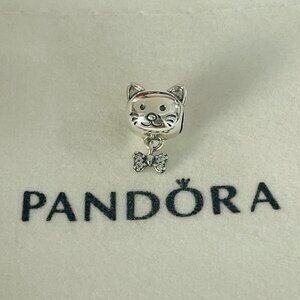 Pandora Pet Cat & Bow Dangle Charm Pendant, S925 Sterling Silver Jewelry